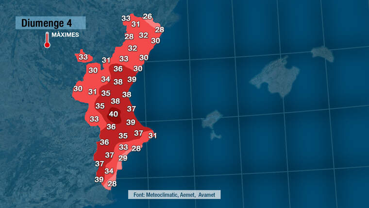 Mapa amb les altes temperatures de diumenge |Jordi PayÃ 