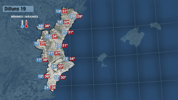 Mapa amb les temperatures de hui dilluns, mÃ xima 34Âº i mÃ­nima 22Âº|Jordi PayÃ 
