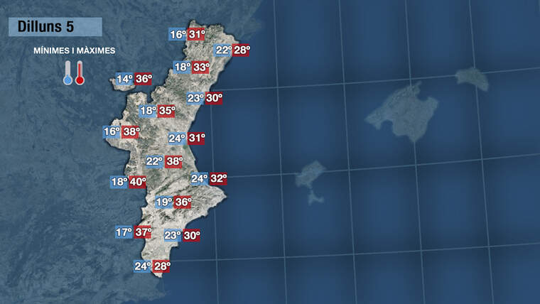 Mapa amb les temperatures de hui, la mÃ­nima 24Âº i mÃ xima 32Âº | Jordi PayÃ 