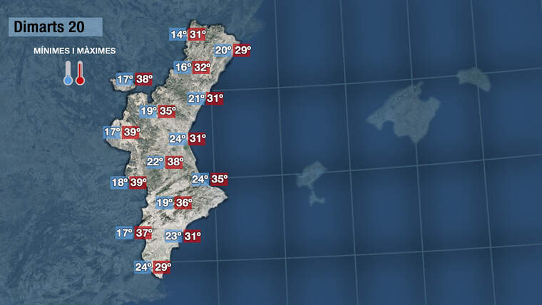 Mapa amb les temperatures per a dimarts amb una mÃ­nima de 24Âº i una mÃ xima de 35Âº|Jordi PayÃ 