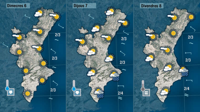 Mapes del dimecres amb sol, dijous nuvolositat i divendres amb pluja| Jordi PayÃ 