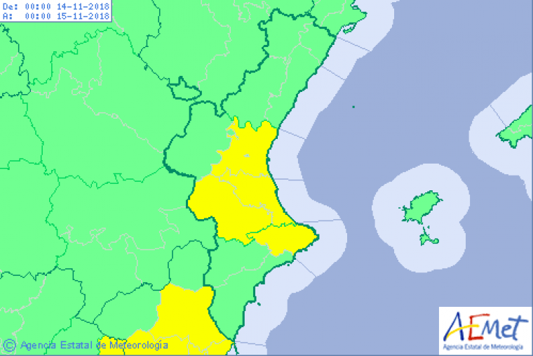 Mapa d'alerta per avÃ­s groc per pluges per a demÃ  a la Comunitat Valenciana