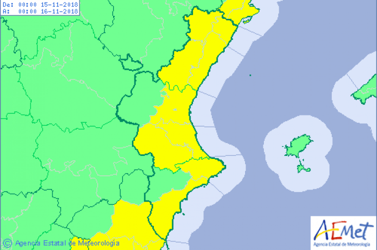 Mapa d'alerta per avÃ­s groc per pluges per a demÃ  a la Comunitat Valenciana