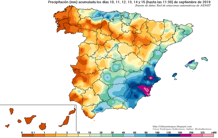 Mapa de registres de pluja durant el temporal de la setmana passada: mÃ©s de 400 litres a Alacant