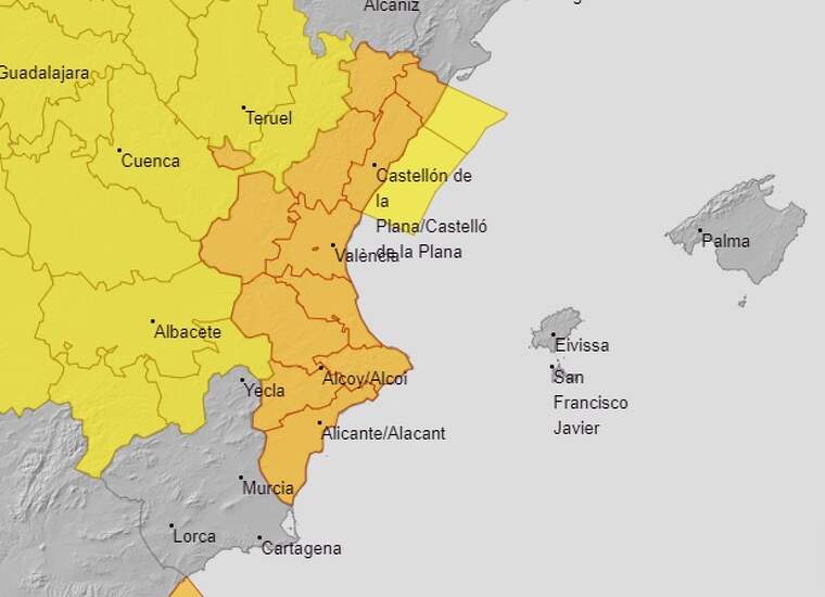 Mapa d'alertes per fort vent a ValÃ¨ncia el 2 de marÃ§ del 2020