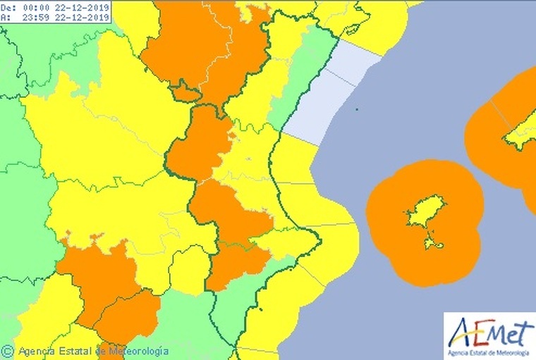 Mapa d'alertes per fort vent a la Comunitat Valenciana el diumenge 22 de desembre del 2019