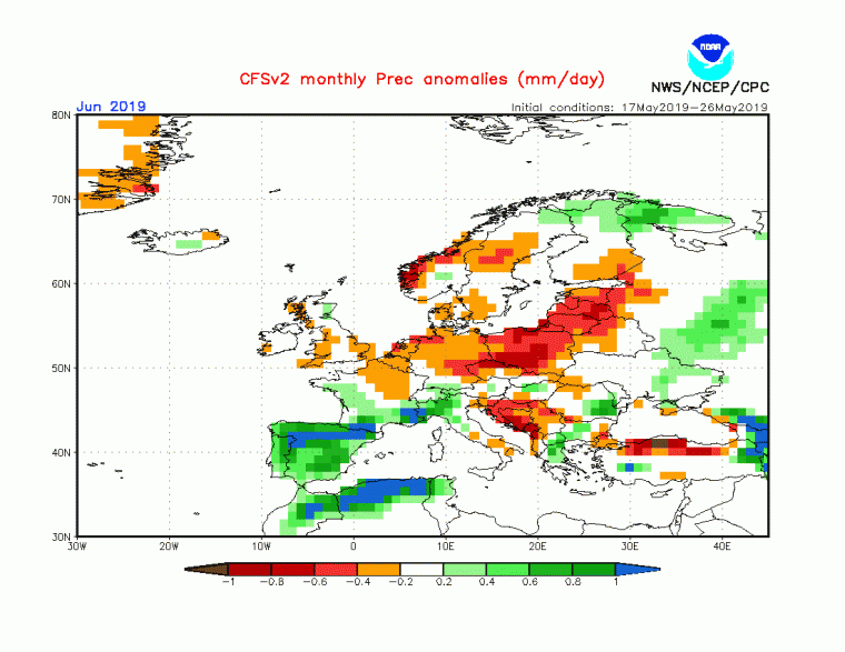 Mapa d'anomalia de precipitacions per aquest juny