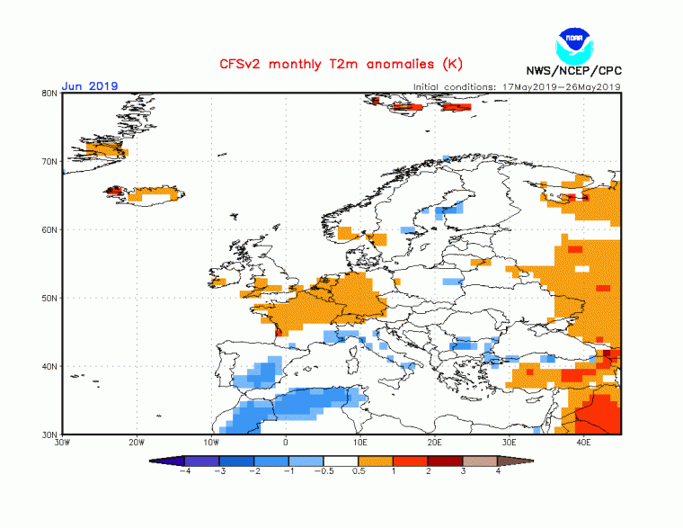 Mapa d'anomalia de temperatures per aquest juny