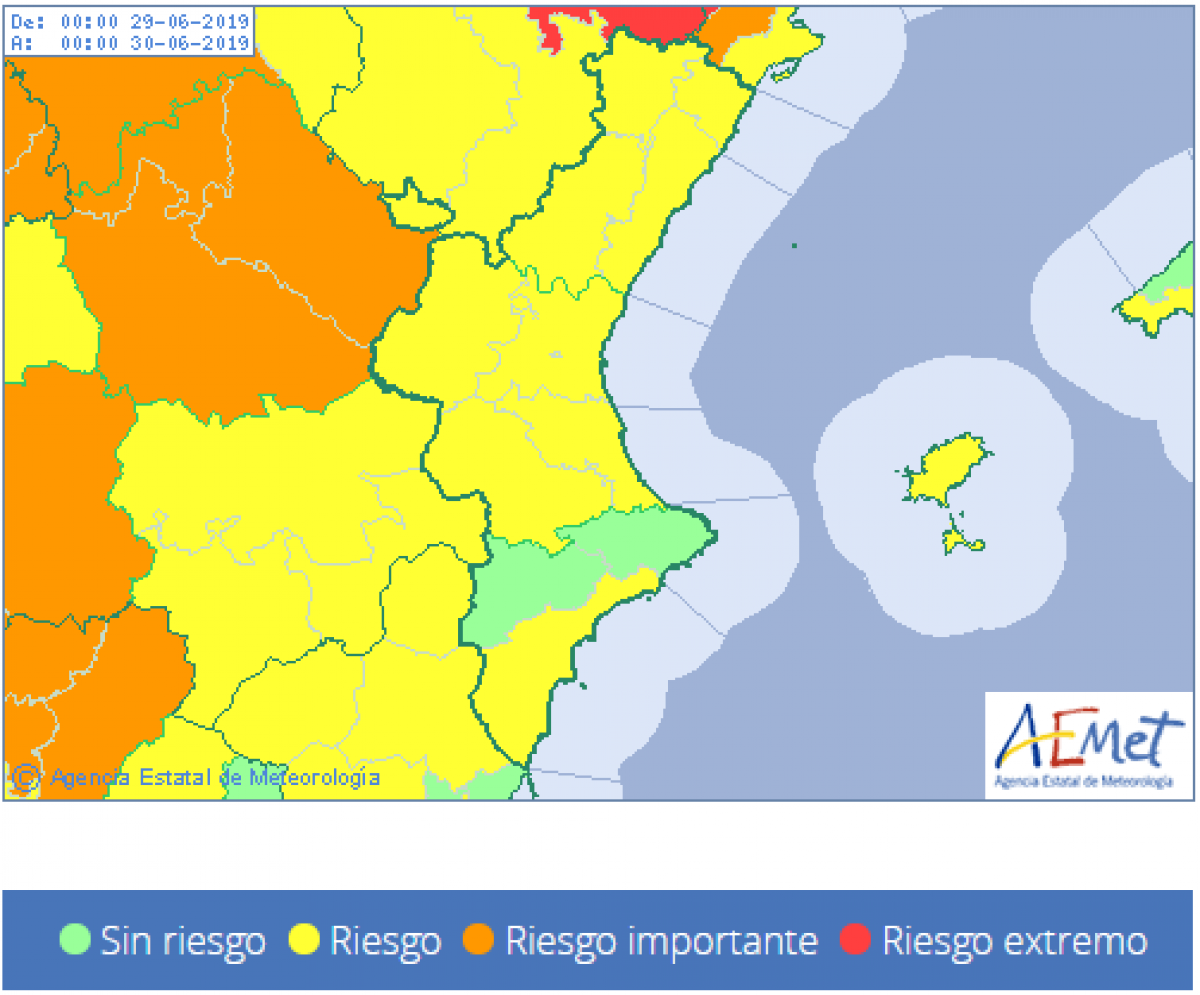 Mapa del dissabte amb avisos per calor extrema