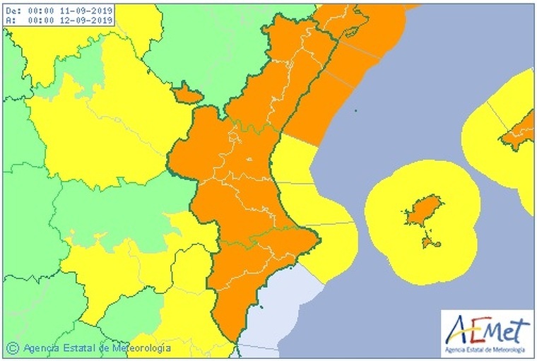 Alerta taronja en el territori ValenciÃ  per fortes pluges, vent i mala mar