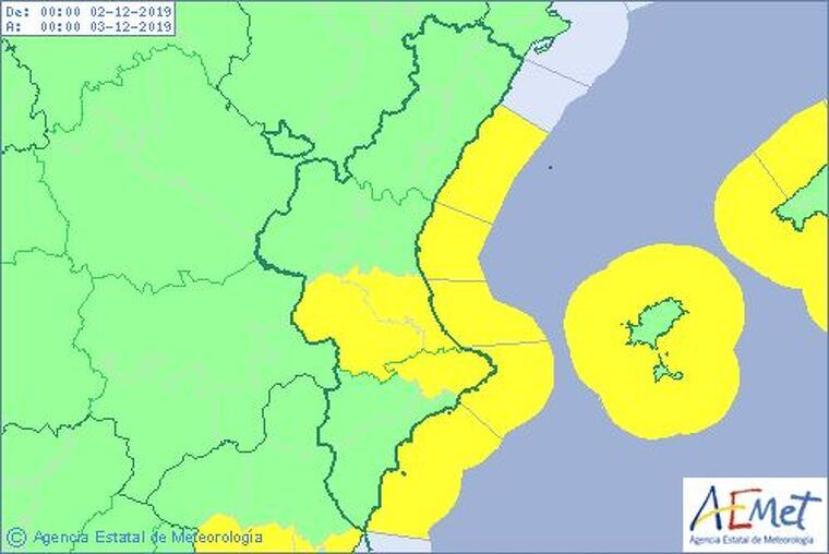 Mapa d'alertes per aiguats i temporal de mar aquest dilluns