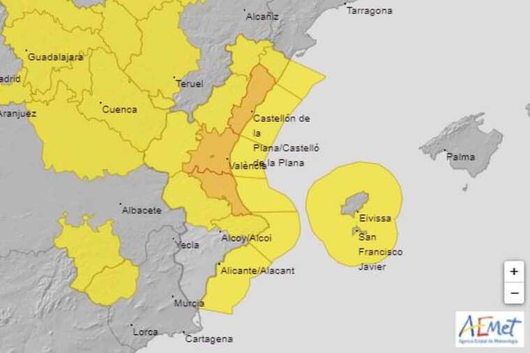 Mapa d'avisos de l'AEMET per ValÃ¨ncia aquest dimecres, 4 de novembre del 2020