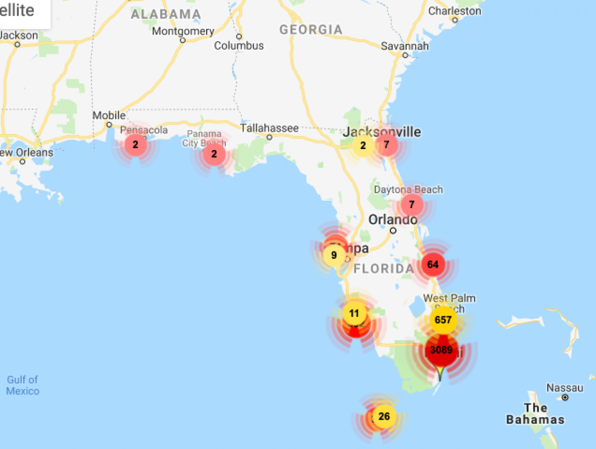 Mapa de Florida que ensenya el gran nombre d'iguanes lliures