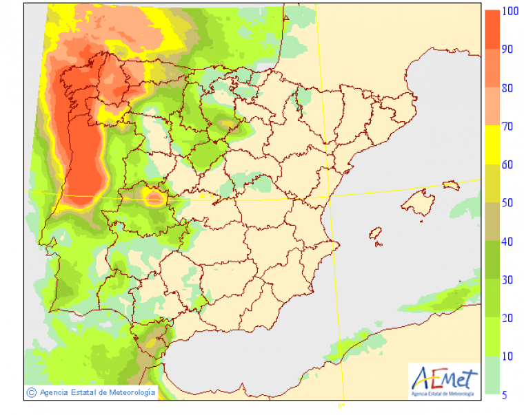 Mapa de la probabilidad de lluvias en la penÃ­nsula entre los 10 y los 20 mm para este sÃ¡bado