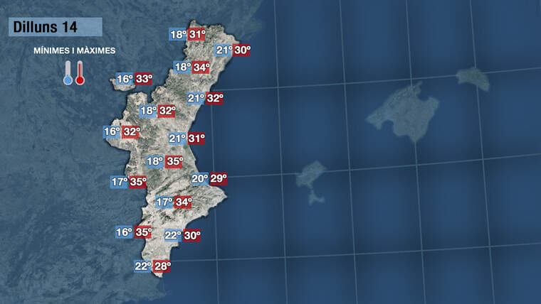 Mapa amb les mÃ­nimes i mÃ ximes, a ValÃ¨ncia mÃ­nima 20Âº i mÃ xima 29Âº