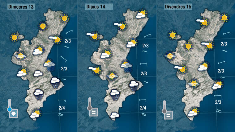 Mapes de dimecres, dijous i divendres, els dos primers dies assenyalen pluja, divendres nÃºvol |Jordi PayÃ 