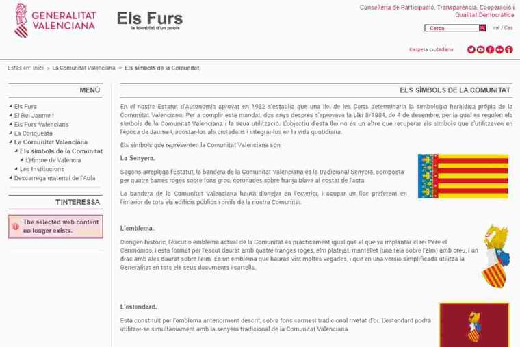Imatge del web de la Generalitat Valenciana explicant els sÃ­mbols de la Comunitat