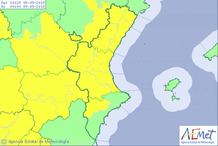 Mapa d'alerta groga a la Comunitat Valenciana per al dia de hui