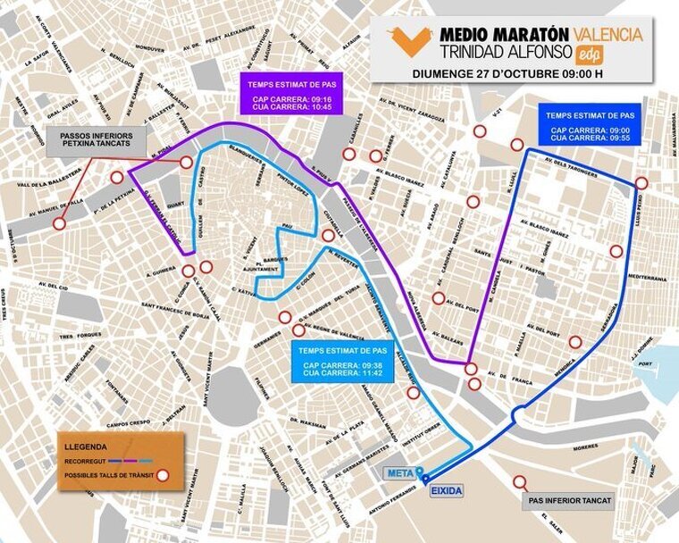Mapa amb el recorregut de la Mitja Marató i els carrers tallats