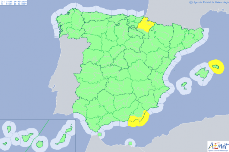 Mapa d'avisos per aquest divendres que contempla el risc de 'rissagues' a Menorca
