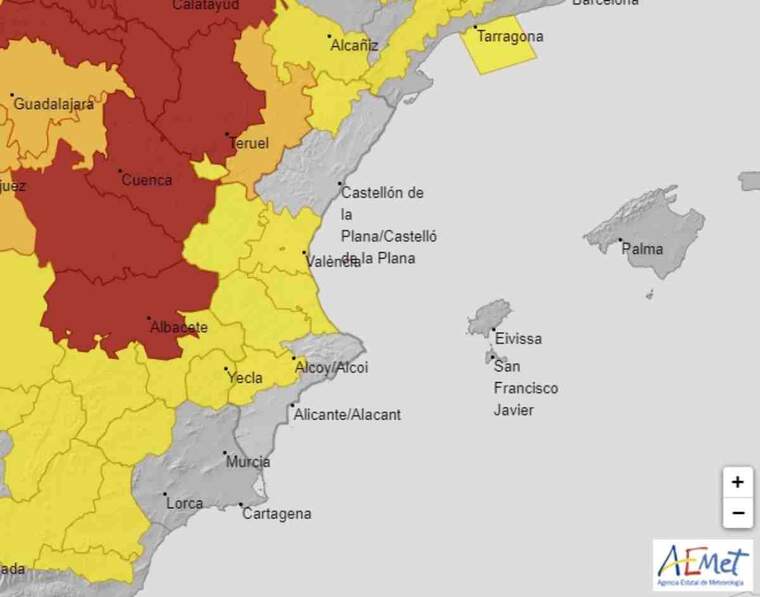 Mapa d'alertes per fred extrem a ValÃ¨ncia el 12 de gener del 2021