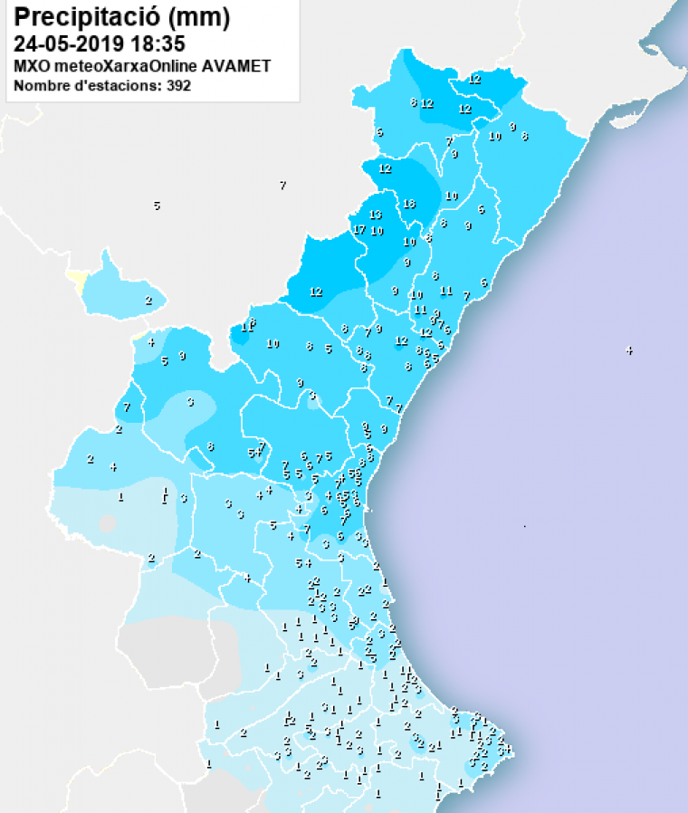Mapa de precipitacions acumulades aquest divendres a la Comunitat Valenciana