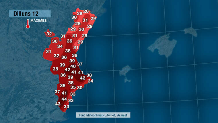 Mapa mÃ ximes temperatures dilluns 12 de juliol