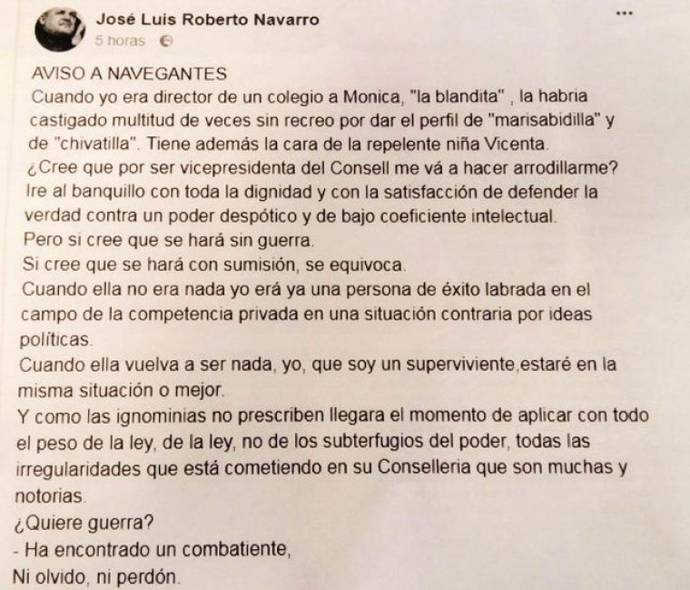 Missatge de José Luís Roberto a Facebook amenaçant a Mònica Oltra