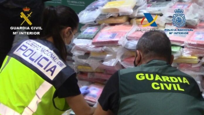 Dos agents de la Policia Nacional i la Guàrdia Civil durant l'operació contra l'entrada de cocaïna oculta en carbó des dels ports espanyols