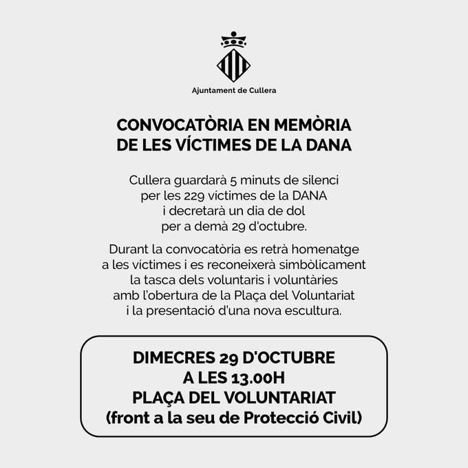 Cullera rendirá homenaje a las víctimas y reconocerá a los voluntarios en el día de luto