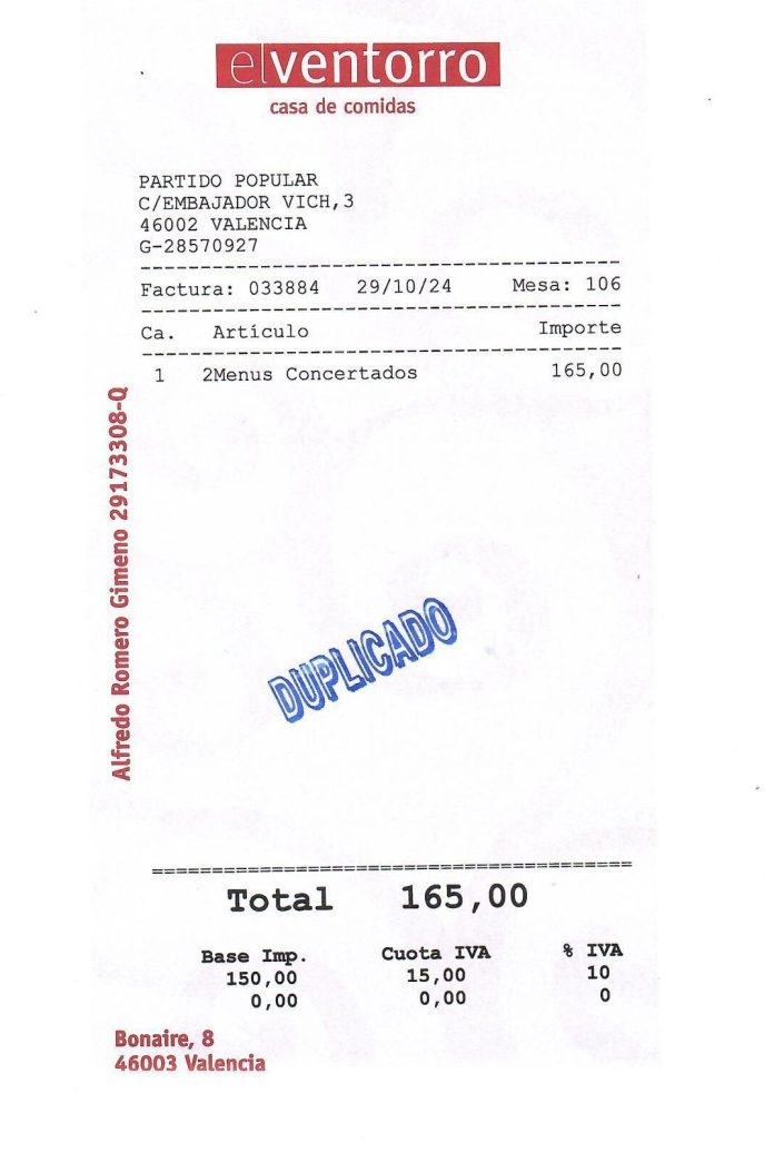 La factura de Mazón y Vilaplana en El Ventorro el día de la dana: 165 euros por dos menús