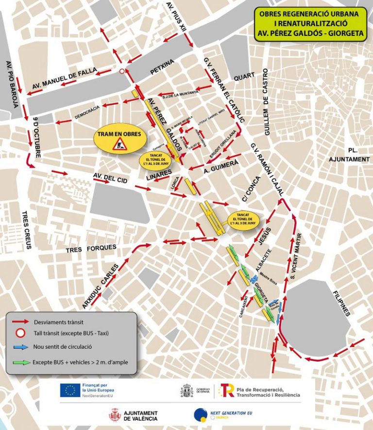 Tancament total del pas inferior de Pérez Galdós a València durant tres dies per les obres